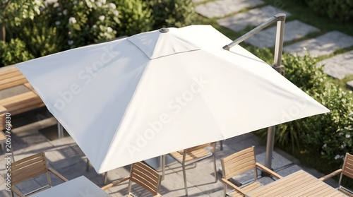Overhead White Patio Umbrella Mockup for Branding with Copy Space in Outdoor Cafe Setting.