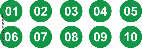 Fotografie Ten green circular numbered badges one through ten isolated on white background