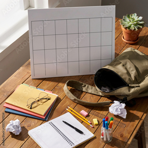 Calendar rests on a wooden desk surrounded by office supplies like notebooks and a backpack for school planning.