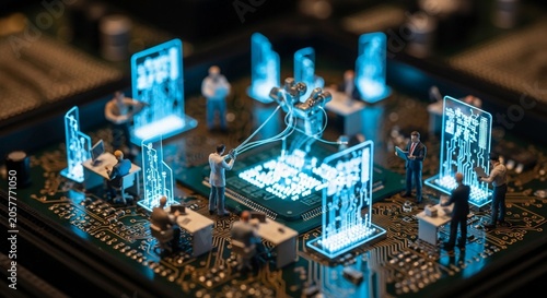 Miniature office workers collaborating on a futuristic circuit board with glowing digital displays