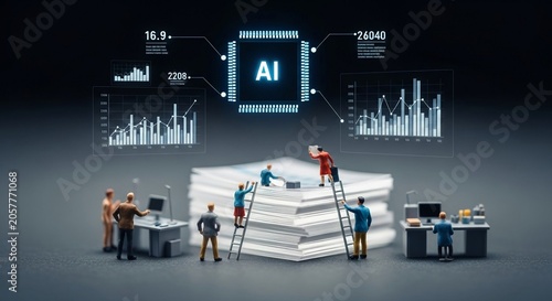 Miniature office workers collaboratively analyze AI data charts and graphs around a stack of documents