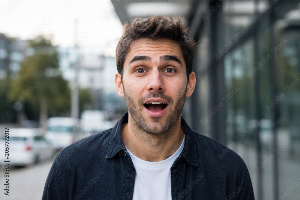 Naklejka premium Young man with dark hair and beard expresses surprise outdoors, wearing a black jacket over a white t-shirt, urban setting with blurred cars and buildings in the background