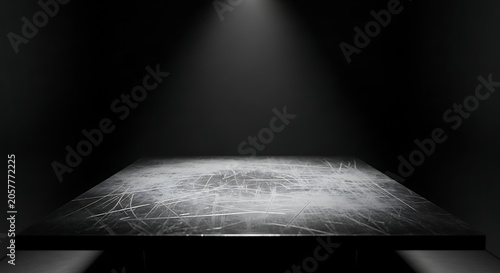 A scratched metal surface illuminated by a single spotlight in a dark room