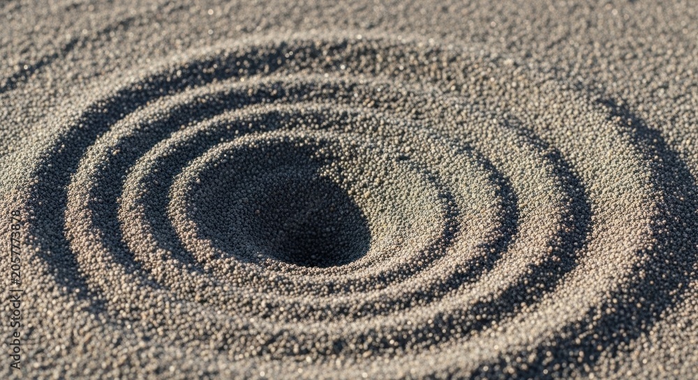 Obraz premium Close-up view of a spiraling vortex carved into fine sand, showcasing intricate patterns and natural design.