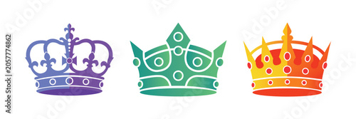 Bild auf Leinwand Three colorful crown icons in purple, Green, And orange on white background