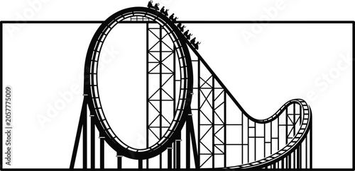 Black and white illustration of a roller coaster with loop and steep track structure symbolizing amusement park thrill, excitement, and engineering design