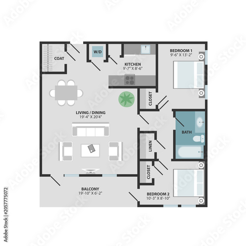 Square floor plan of a modern two-bedroom apartment with labeled rooms, closets, furniture, and measurements. Includes living/dining area, kitchen, bath, and balcony layout.