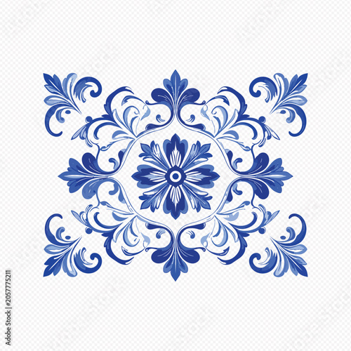 Blue floral ornate decorative tile design element isolated on transparent background for graphic design