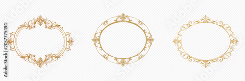 Golden ornate oval frame borders with floral patterns isolated on transparent background