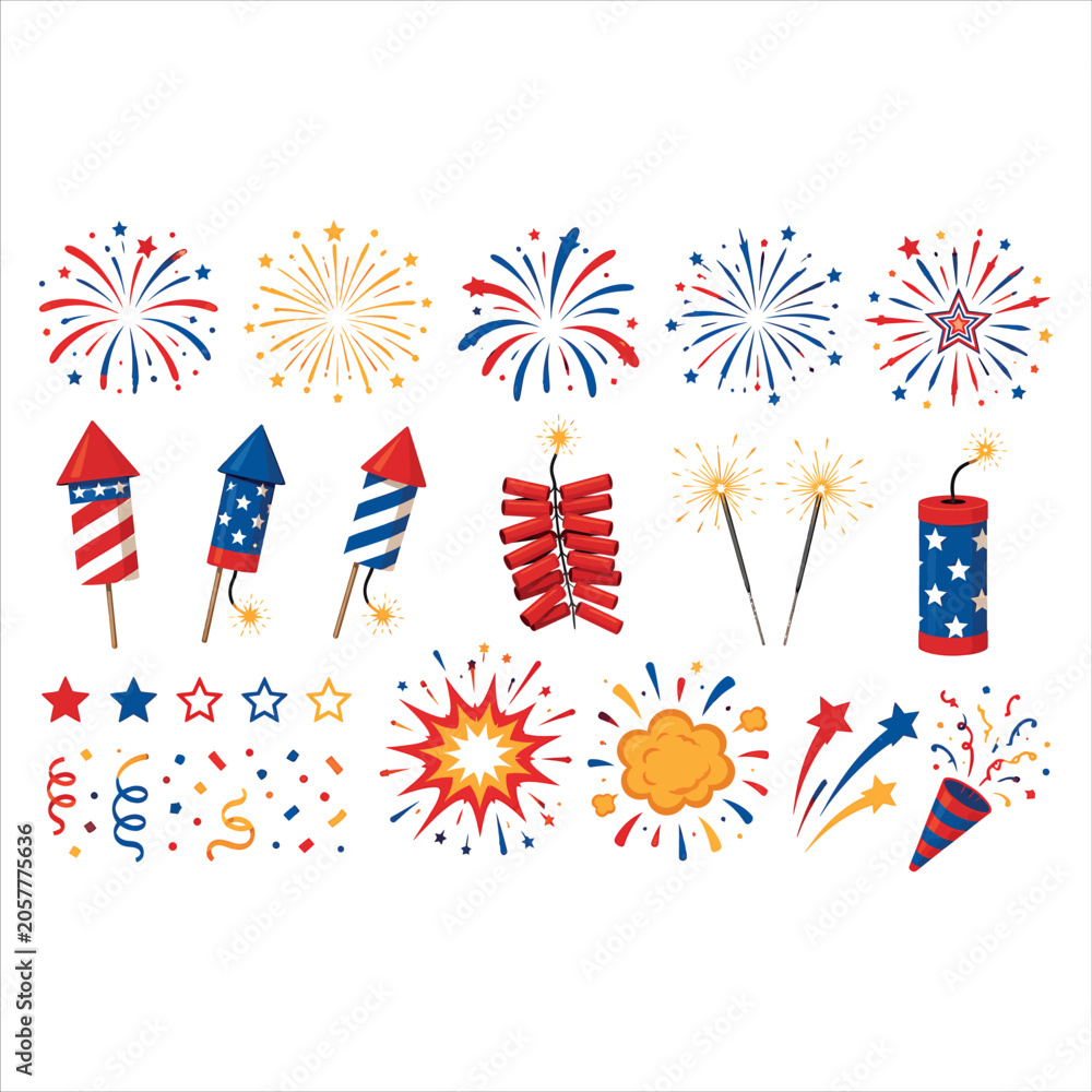 Obraz premium Fireworks and Sparklers with Red, White, and Blue Colors in Various Styles and Patterns Featuring Rockets, Patriotic, Celebration with Independence