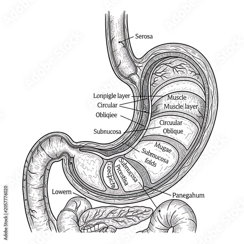 Anatomy of the human stomach with detailed layers.