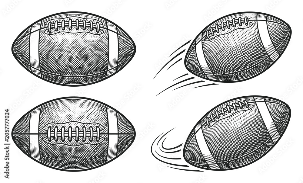 Obraz premium Set of american footballs in different angles and motion styles drawn in a vintage engraved style