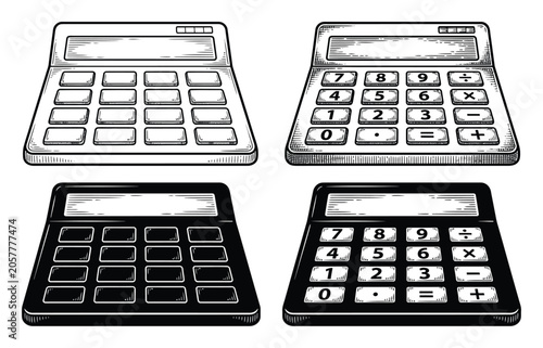 Set of hand-drawn calculators with blank and numbered keypads in black and white style