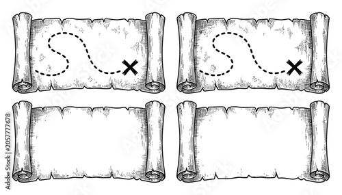 Set of four vintage style hand-drawn treasure map scrolls with dotted paths and x marks