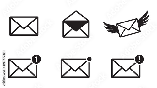 Email and Message Notification Icons: Envelopes with Alerts and Status Indicators