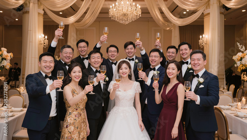 Wedding couple and guests making a celebratory toast