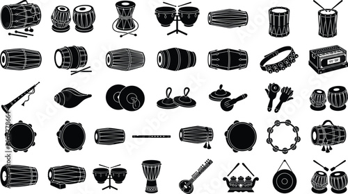 Indian musical instruments icon set featuring traditional drums flute sitar and percussion