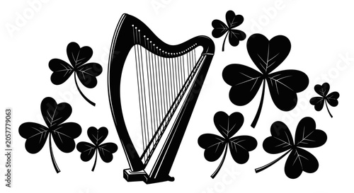Foto Black harp and shamrocks on white background st patrick's day symbol