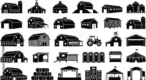 Rustic farm building and agricultural facility set featuring barns silos and structures