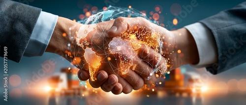 Global Logistics Partnership Handshake with Digital World Map for International Trade, Supply Chain Management, and Business Connectivity