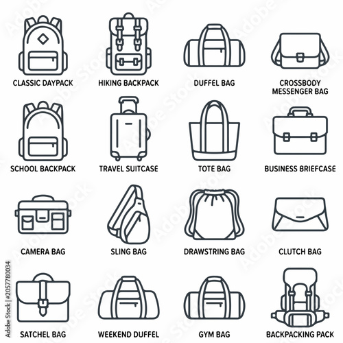 Set of Sixteen Bag and Luggage Thin Line Vector Icons