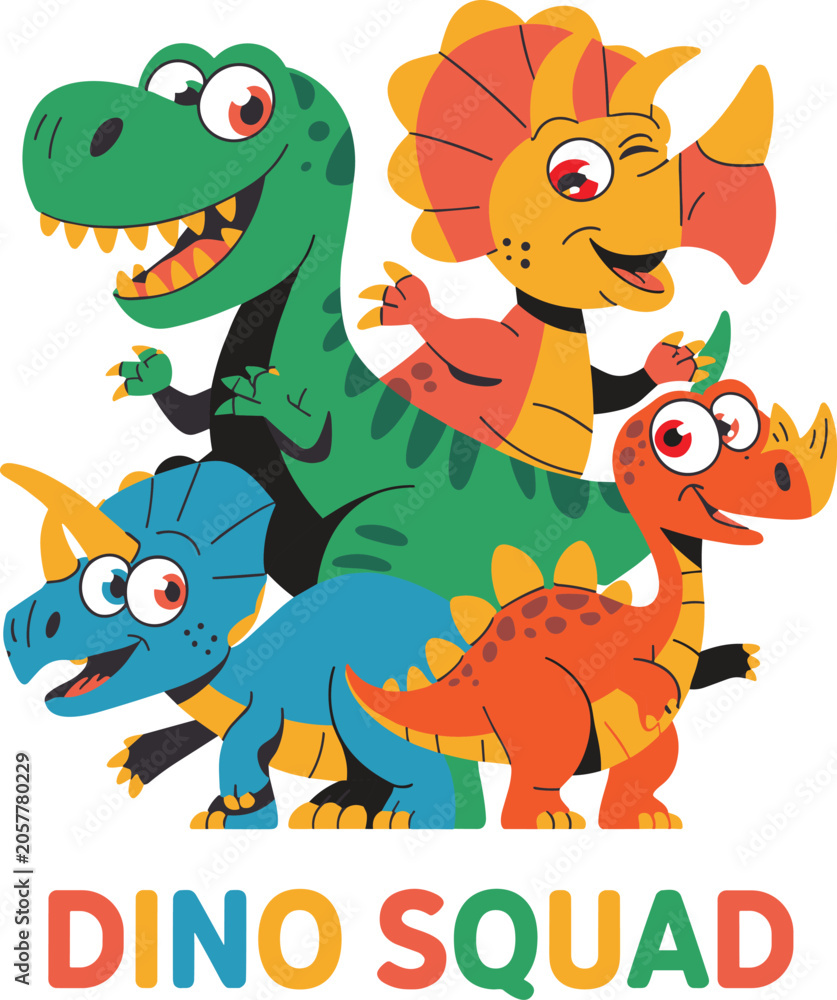 Obraz premium Cute Dino Squad Cartoon Dinosaur Team Illustration with Colorful Prehistoric Characters for Kids Adventure Design