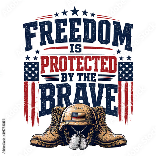 Military Boots with Helmet and Dog Tags Symbolizing Freedom Protected by the Brave Featuring American Flag, Patriotic, Bravery with Soldier