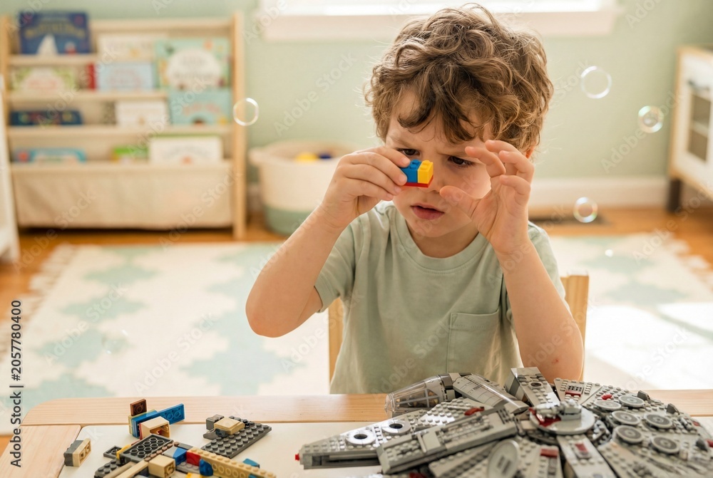Naklejka premium Focused young boy building a toy spaceship at a sunlit desk.