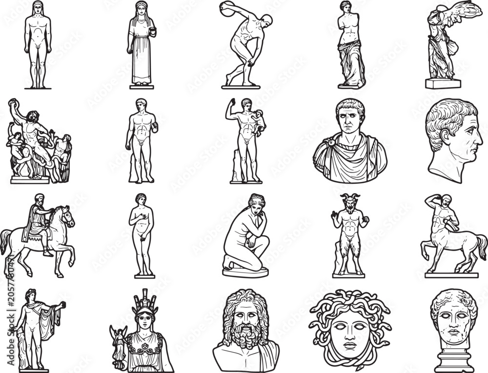 Fototapeta premium A collection of classical Greek and Roman statues, including figures in motion, busts, and mythical creatures, presented in a clean, illustrative style, celebrating ancient art and mythology.