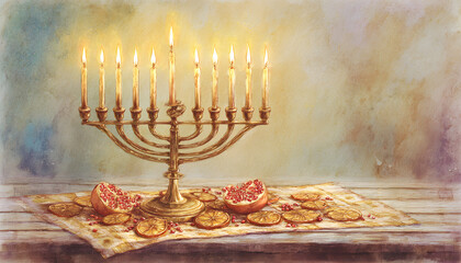 A watercolor illustration of a Menorah candelabra, the traditional symbol of Hanukkah and the Festival of Lights.