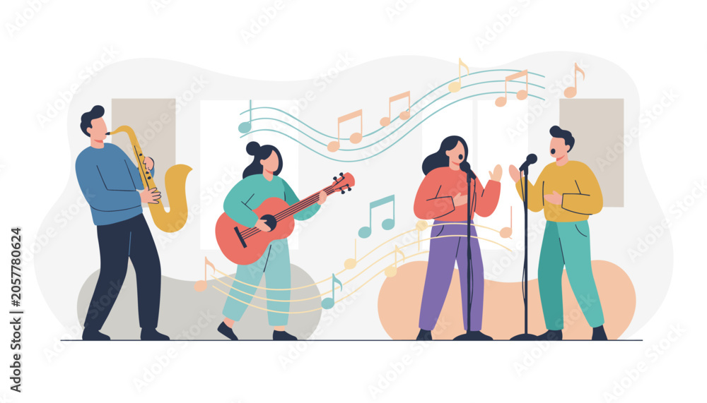 Fototapeta premium Music band of four young people performing together, singing and playing instruments like saxophone and guitar.