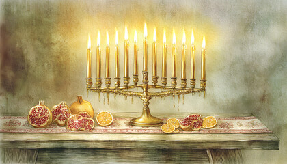 Menorah candelabrum depicted in watercolour, representing the traditional Jewish holiday symbol for Hanukkah and the Festival of Lights.