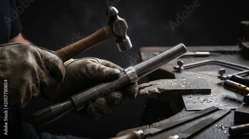 Close up of an artisan jeweler's hands in gloves hammering a metal ring on a mandrel in a workshop with sparks and tools