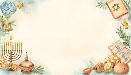 The watercolor frame illustration features Hanukkah symbols from the traditional Jewish holiday. Include a space in the middle.