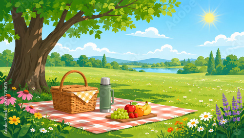 Summer park picnic flat vector illustration with blanket basket and tree