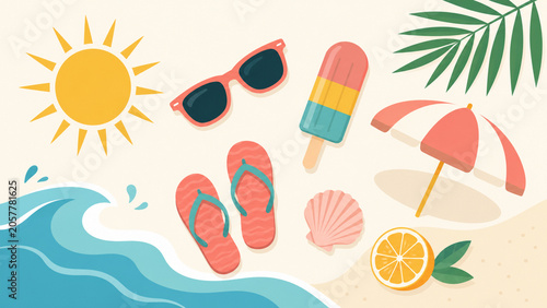 Minimal summer icons flat vector scene with sun waves and beach items
