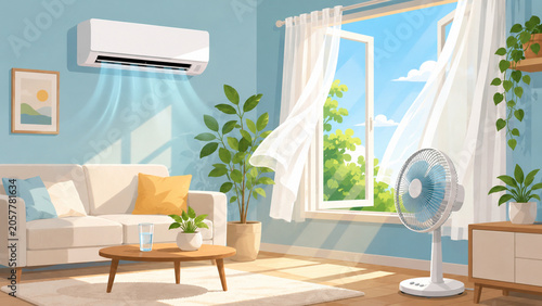 Summer cooling home flat vector illustration with air conditioner and fan