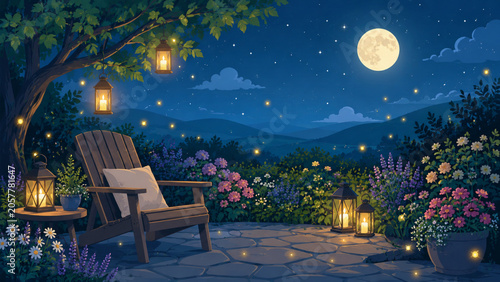 Cozy summer night garden flat vector illustration with lanterns and moon