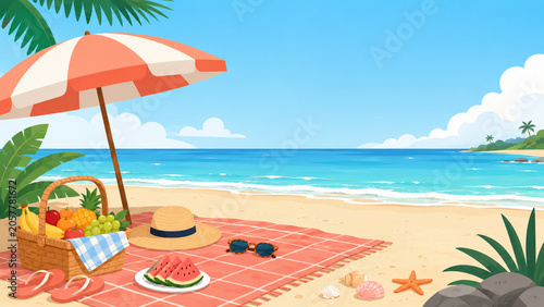 Summer beach picnic flat vector illustration with ocean and umbrella