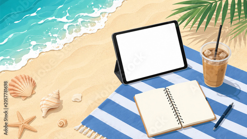 Summer beach workspace flat vector banner with blank tablet and iced coffee