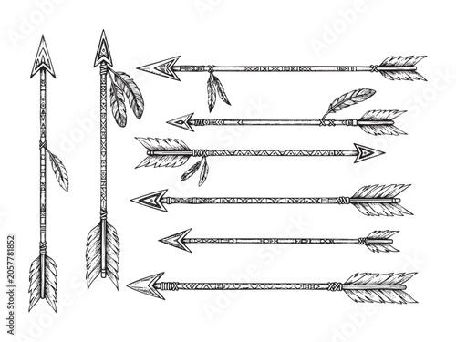 Hand drawing ethnic arrows isolated on white background. Vector native american indians arrows sketch