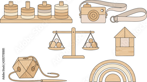 Fotografie Montessori Wooden Educational Baby Toys Vector Set Featuring Balancing Scale, So