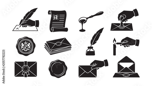 Vintage Correspondence and Mail Icons Set - Quill Pen, Wax Seal, Envelopes, and Scroll