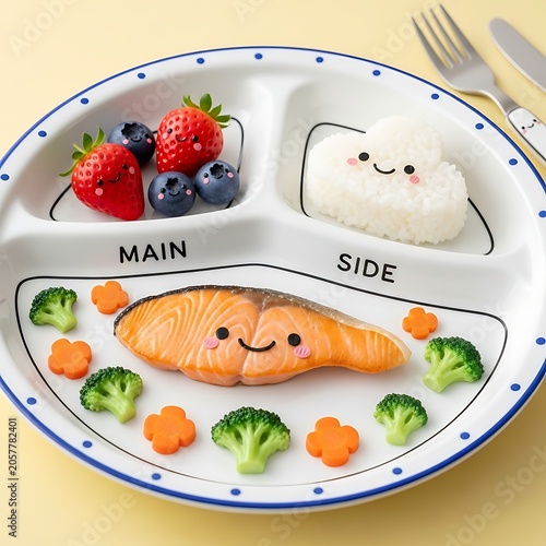 Healthy balanced meal with salmon and vegetables in bento box.