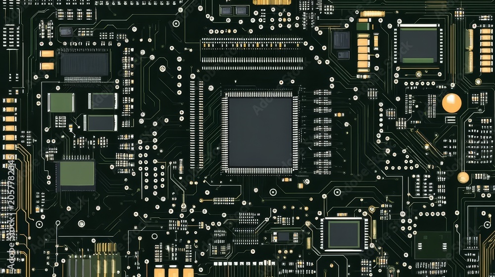 Fototapeta premium Close up view of complex electronic printed circuit board technology with microchips and integrated components.