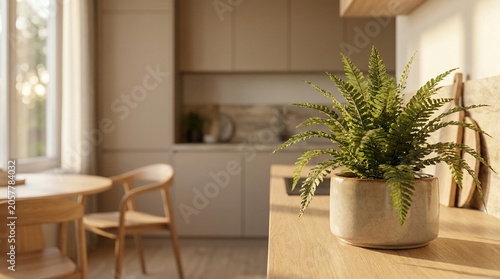Modern Kitchen Interior with Fern Plant Decoration