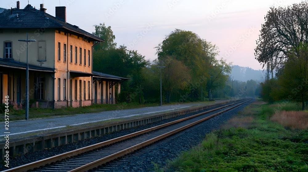 Fototapeta premium A tranquil historic old train station is captured under crisp evening light creating a peaceful and nostalgic atmosphere