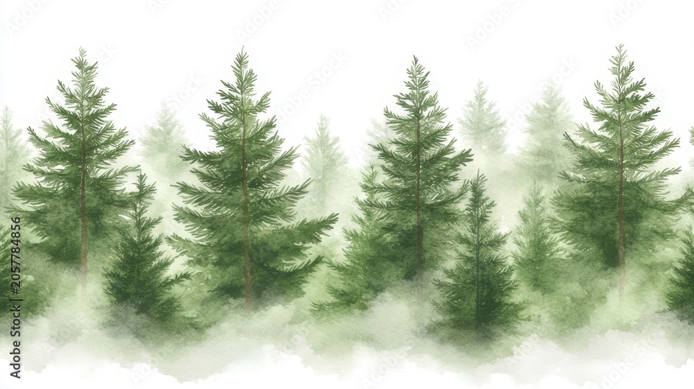 Fototapeta premium Watercolor pine tree forest border with soft misty foggy background design illustration.