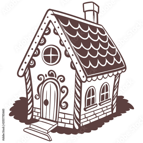 Gingerbread house in a grunge vector frame. Christmas cookie house silhouette with a brush stroke border for holiday design