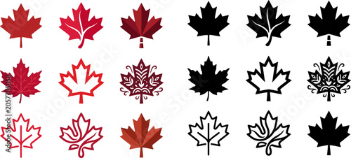 Collection of various maple leaf icons in different colors and styles
